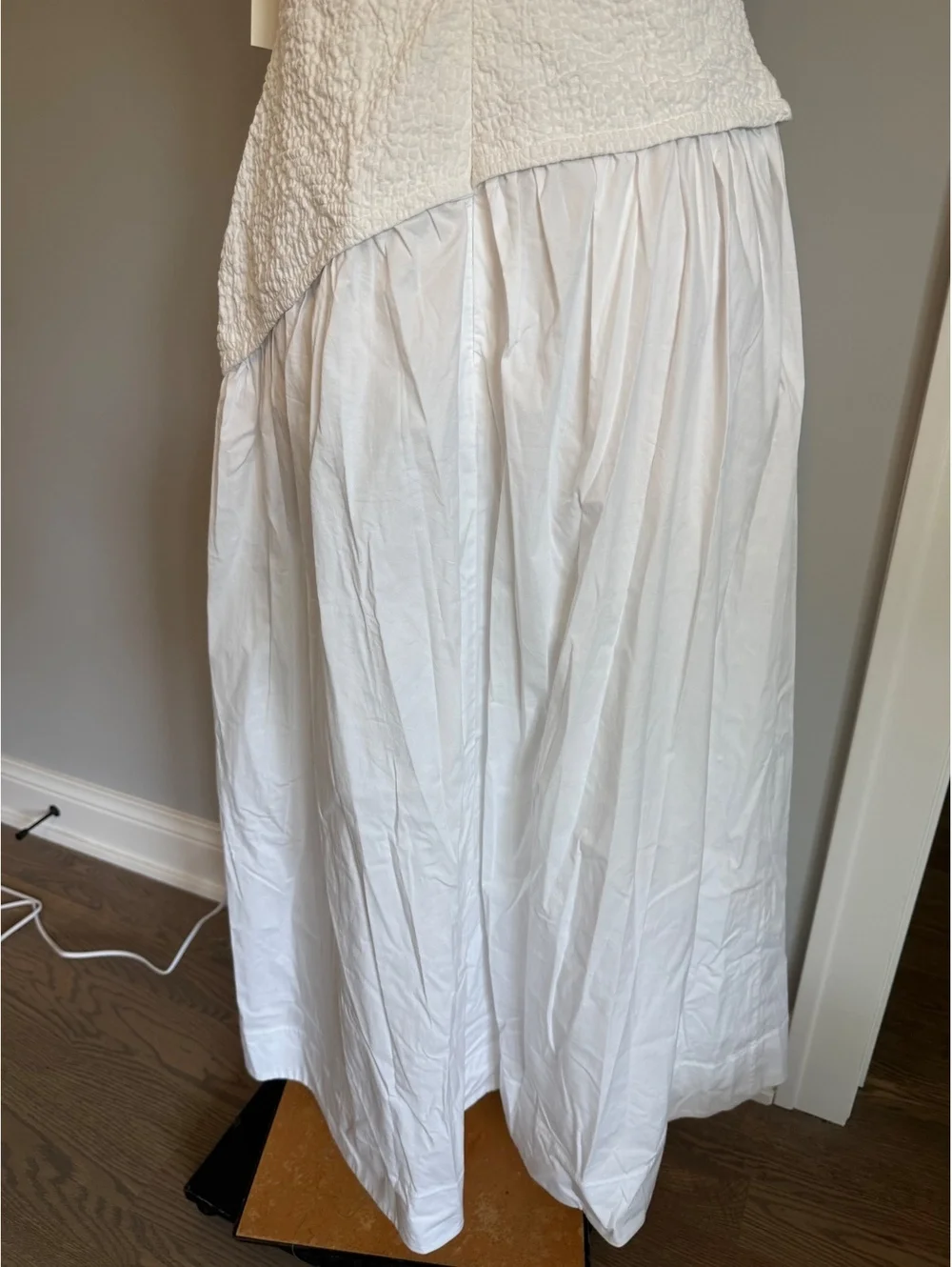 STAUD Strapless White Midi Dress with Textured Bodice and Flowing Skirt - Picture 7 of 10